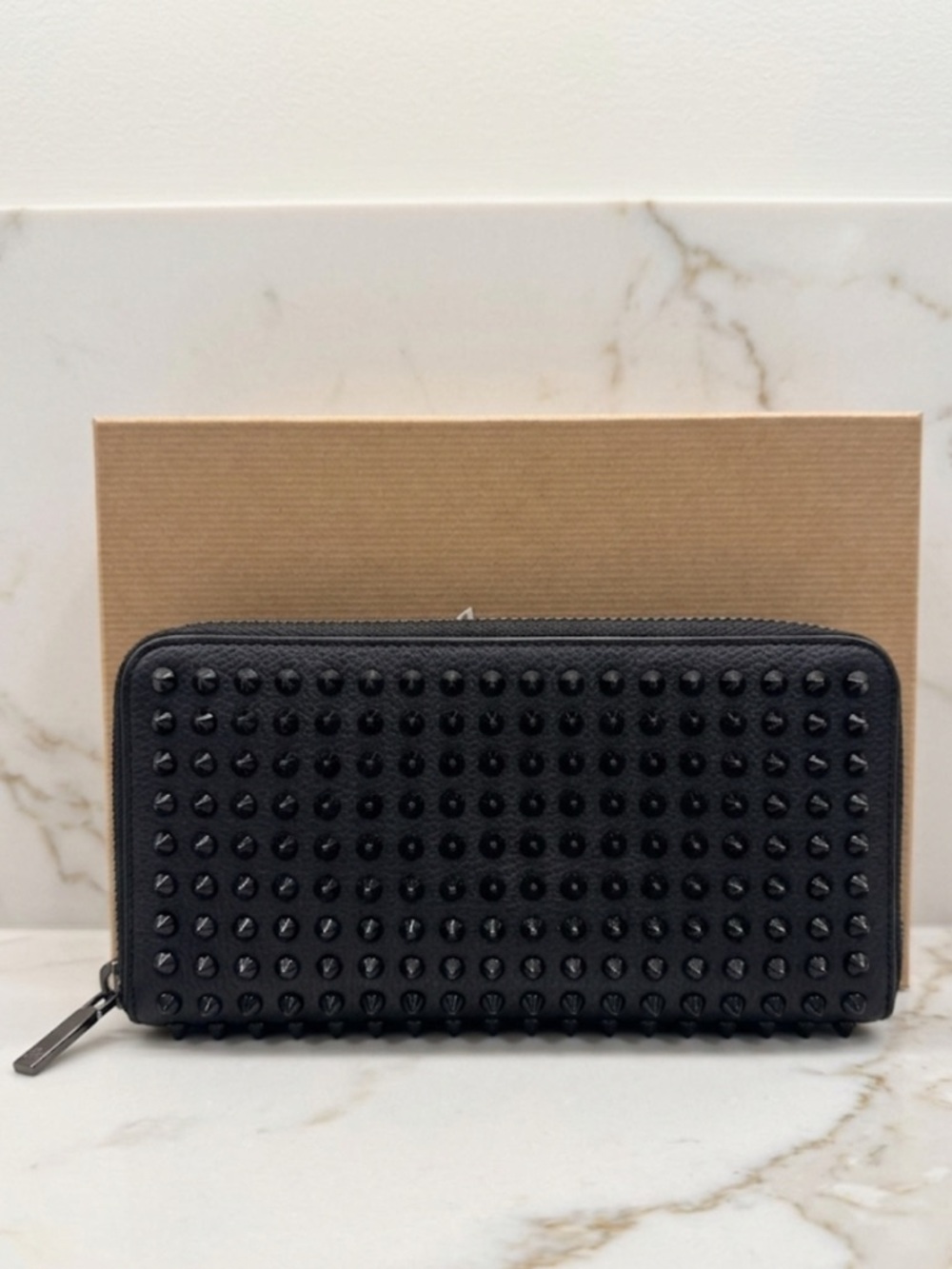 Christian Louboutin Panettone Spiked Zip Wallet Black Leather Red Sole Authentic
